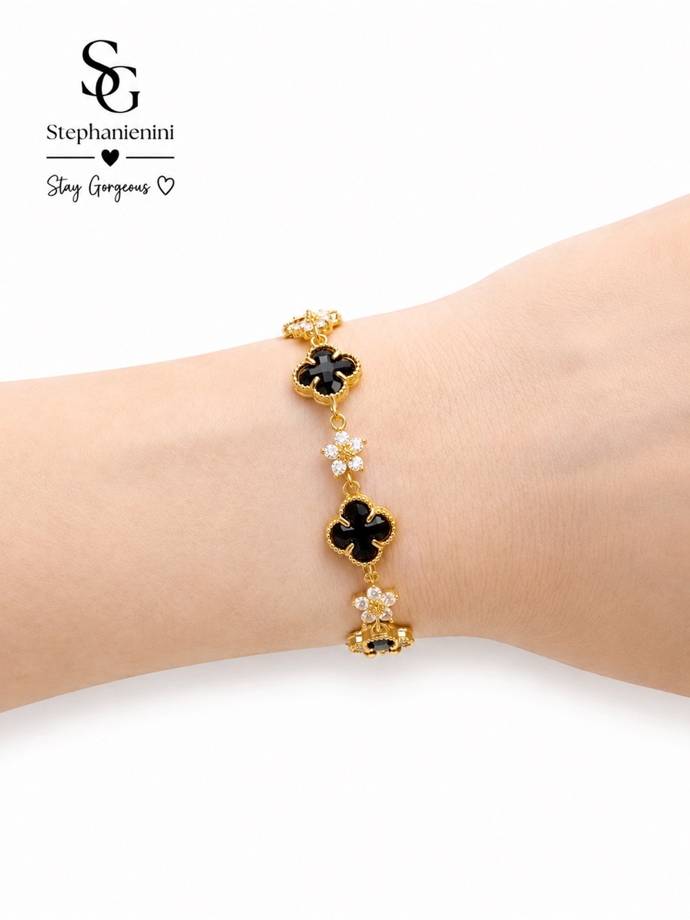 Gold-Tone Black Clover Crystal Charm Bracelet